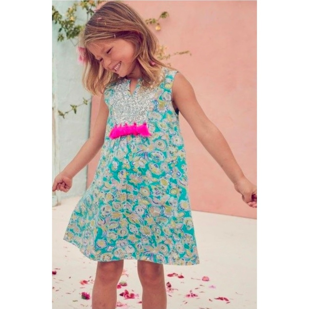 Mini Boden Girls Teal Floral Bird Corduroy Sequin Tassel‎ Party Dress 4-5Y 110cm